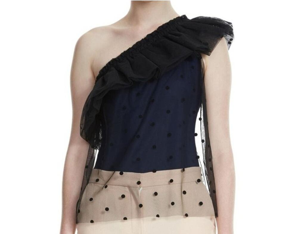Maje Bodysuit Women's Size Small One Shoulder Ruffle Mesh Polka Dot New